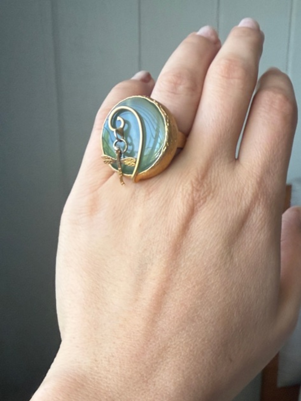 Gold and Green ring with hanging butterfly